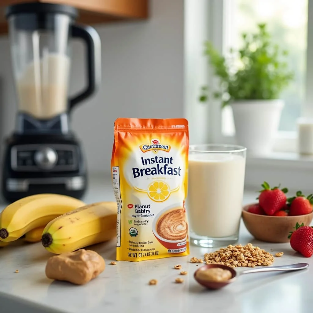 Carnation Instant Breakfast ingredients displayed on a kitchen counter, including a packet of Carnation Instant Breakfast mix, a glass of milk, ripe bananas, fresh strawberries, peanut butter, granola, and a blender in the background. A bright and inviting morning setting emphasizes a nutritious and quick breakfast option