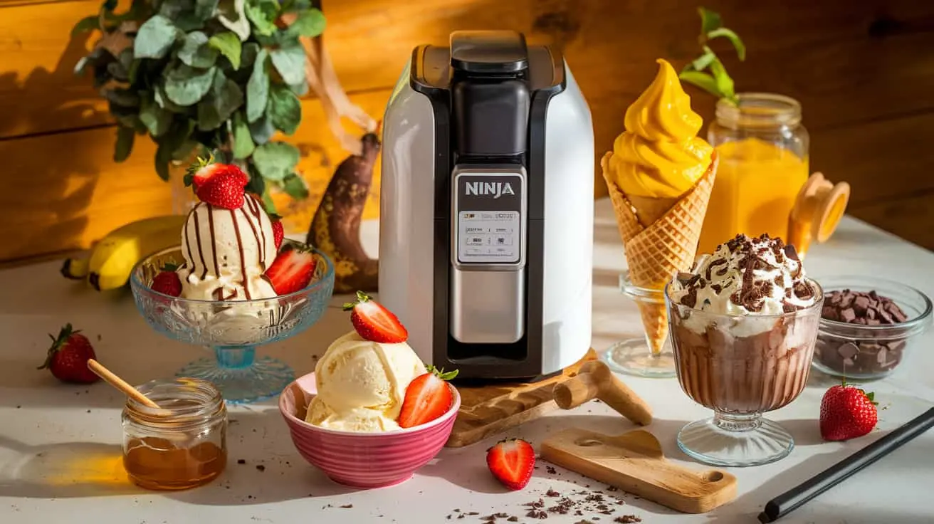 Carnation Instant Breakfast with fresh strawberries, bananas, honey, and chocolate shavings, alongside a Ninja ice cream maker, vanilla ice cream, and a chocolate milkshake in a bright morning setting.