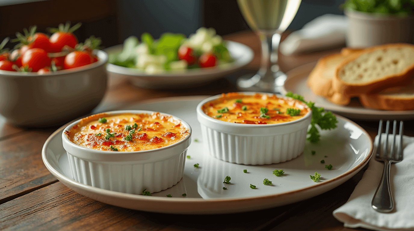 Crab Brulee Recipe with caramelized topping in ramekins