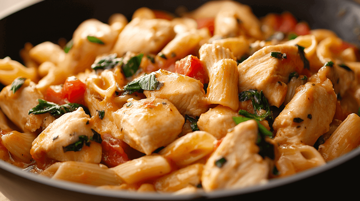 "Close-up of Marry Me Chicken Pasta featuring tender seared chicken chunks, creamy sauce, penne pasta, fresh spinach, and sun-dried tomatoes in a skillet."