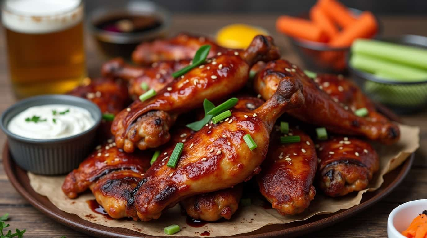 Delicious chicken wings glazed with a savory sauce, topped with sesame seeds and green onions, served with ranch dipping sauce, celery, and carrots. Perfect for any chicken wing brine recipe