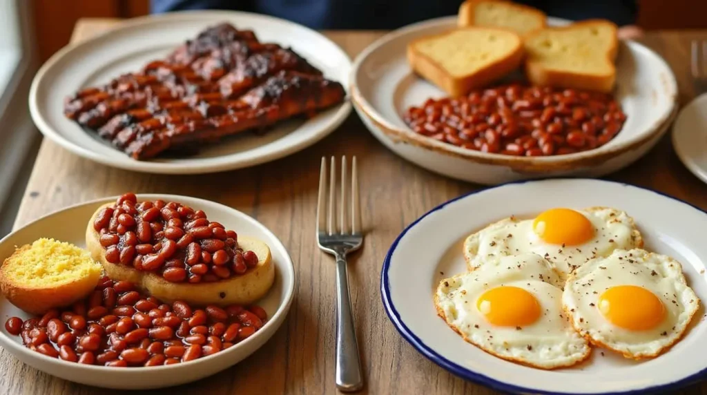 table featuring baked beans: served with barbecue ribs, cornbread, and fried eggs for a hearty feast.