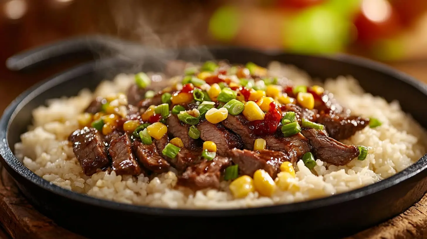 A close-up of a sizzling Pepper Lunch dish featuring tender beef slices, sweet corn kernels, and spring onions on a bed of fluffy white rice, served on a hot skillet