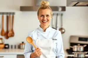 Smiling female chef holding a wooden spoon in a modern kitchen, ideal for recipes, cooking tips, meal ideas, and food inspiration