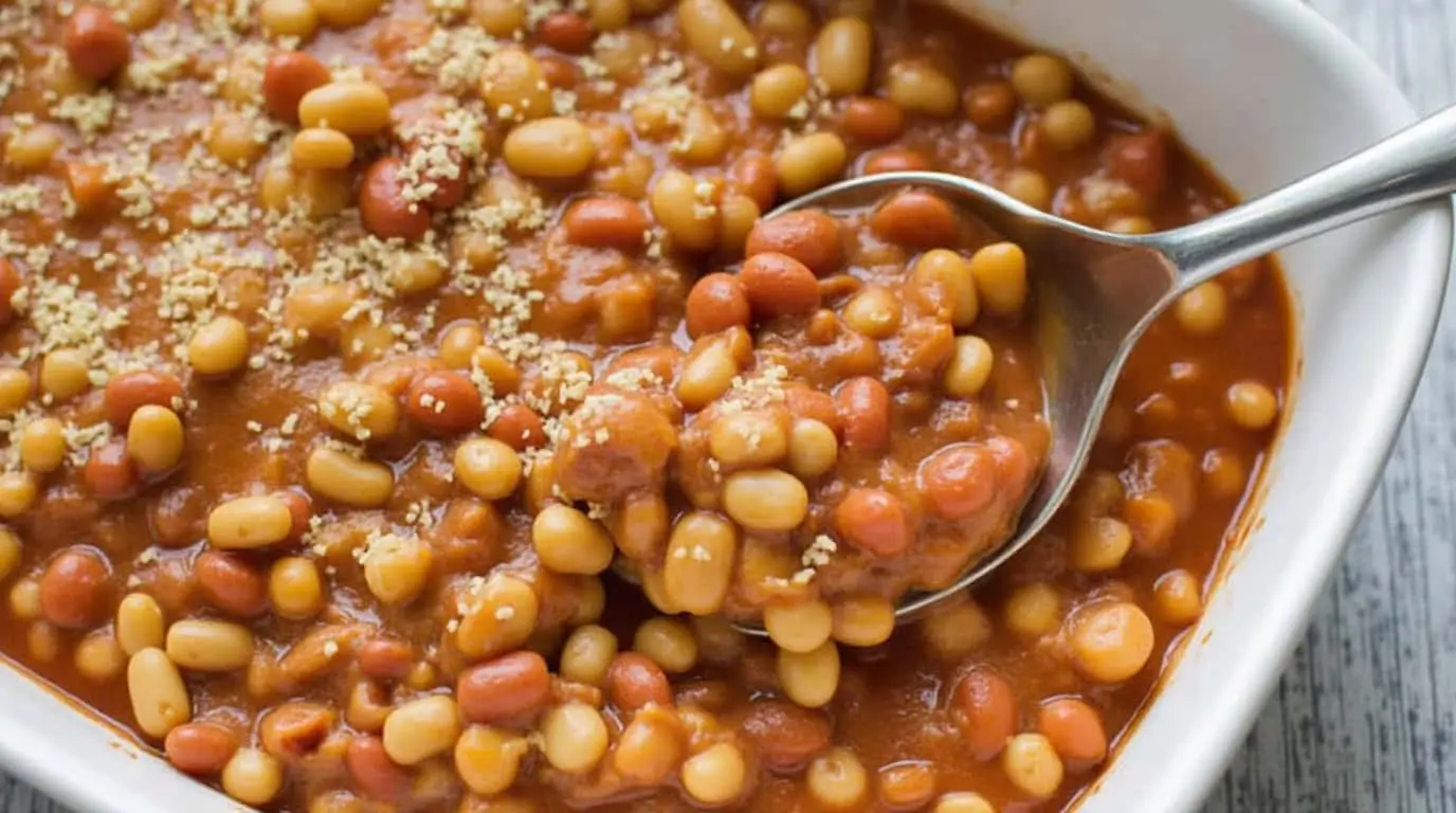 A close-up of baked beans in a rich, smoky tomato sauce, served in a white ceramic dish with a spoon scooping the beans, highlighting this homemade baked beans recipe