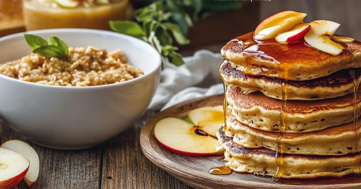 Delicious apple breakfast recipes featuring apple cinnamon oatmeal and fluffy pancakes topped with apple slices and maple syrup.