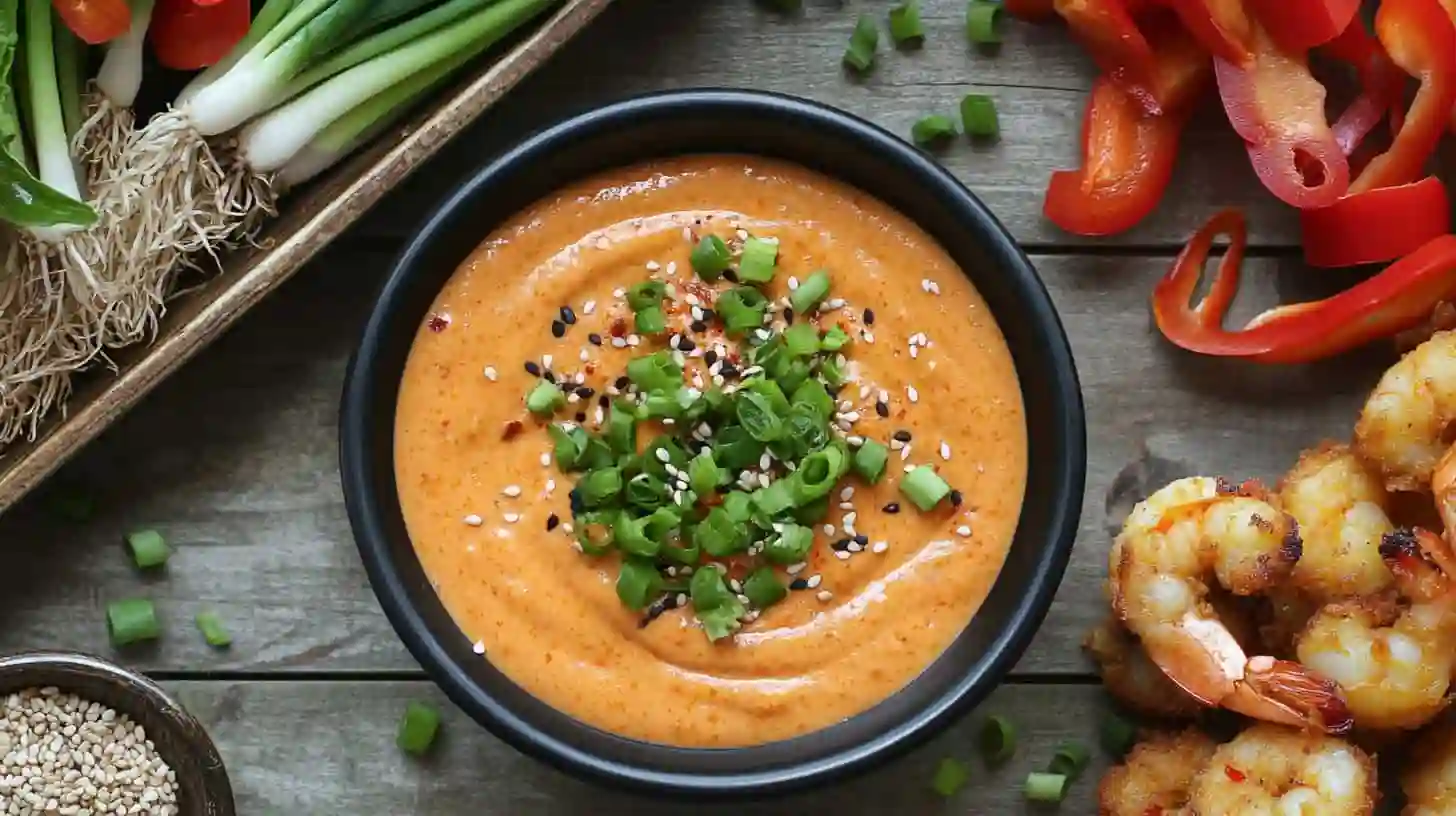 A close-up of a creamy bowl of Bang Bang Sauce, topped with chopped green onions, sesame seeds, and a sprinkle of chili flakes, served with crispy shrimp and fresh vegetables.