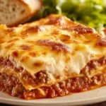 Barilla Lasagna recipe served with garlic bread and salad in a rustic kitchen