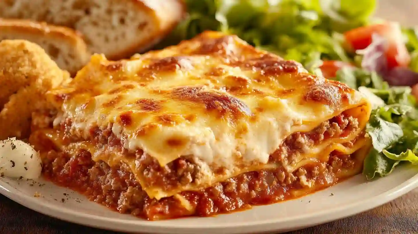 Barilla Lasagna recipe served with garlic bread and salad in a rustic kitchen