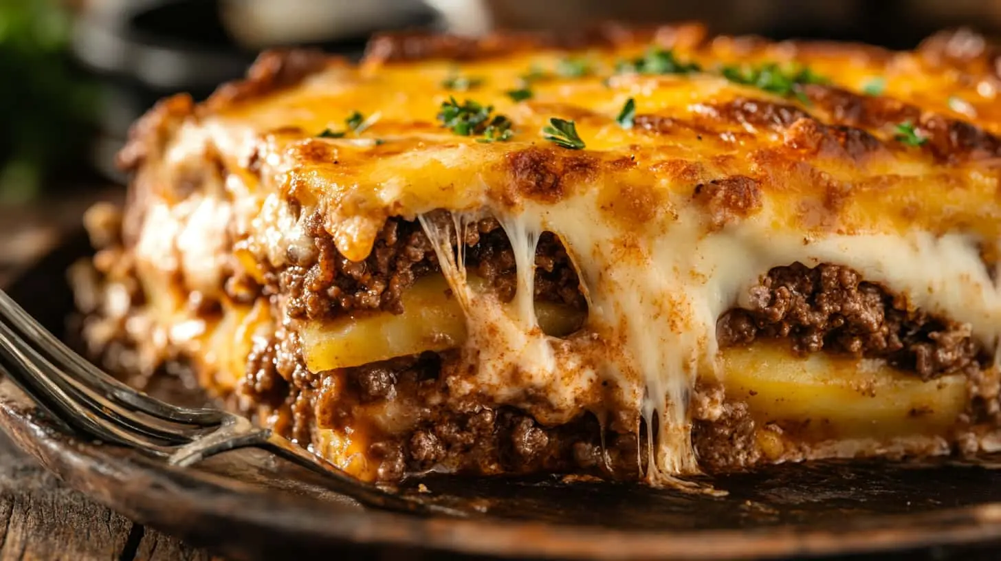 Close-up of a Cheesy Hamburger Potato Casserole with melted cheese, savory beef, and layers of tender potatoes