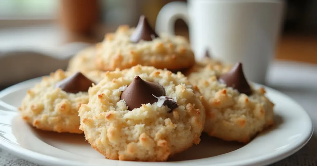 Freshly baked coconut cookies on a white plate, topped with coconut flakes and chocolate chips, showcasing a cozy atmosphere