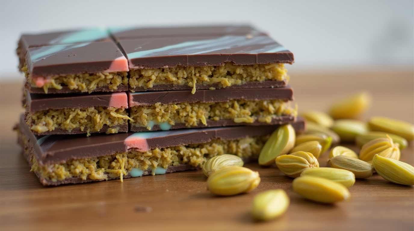 A stack of Dubai-inspired chocolate bars with a crispy golden filling, topped with marbled chocolate, placed on a wooden surface with fresh pistachios scattered around.