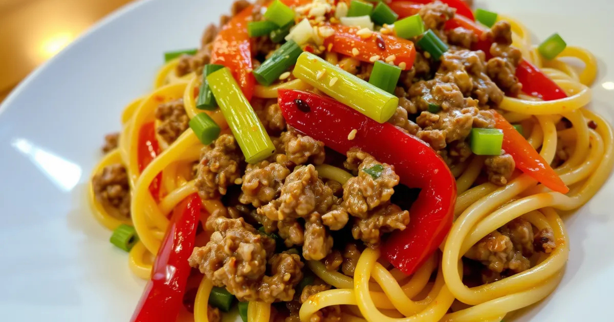 Ground Beef Noodle Recipe featuring tender noodles, savory ground beef, colorful bell peppers, and fresh green onions, garnished with sesame seeds.