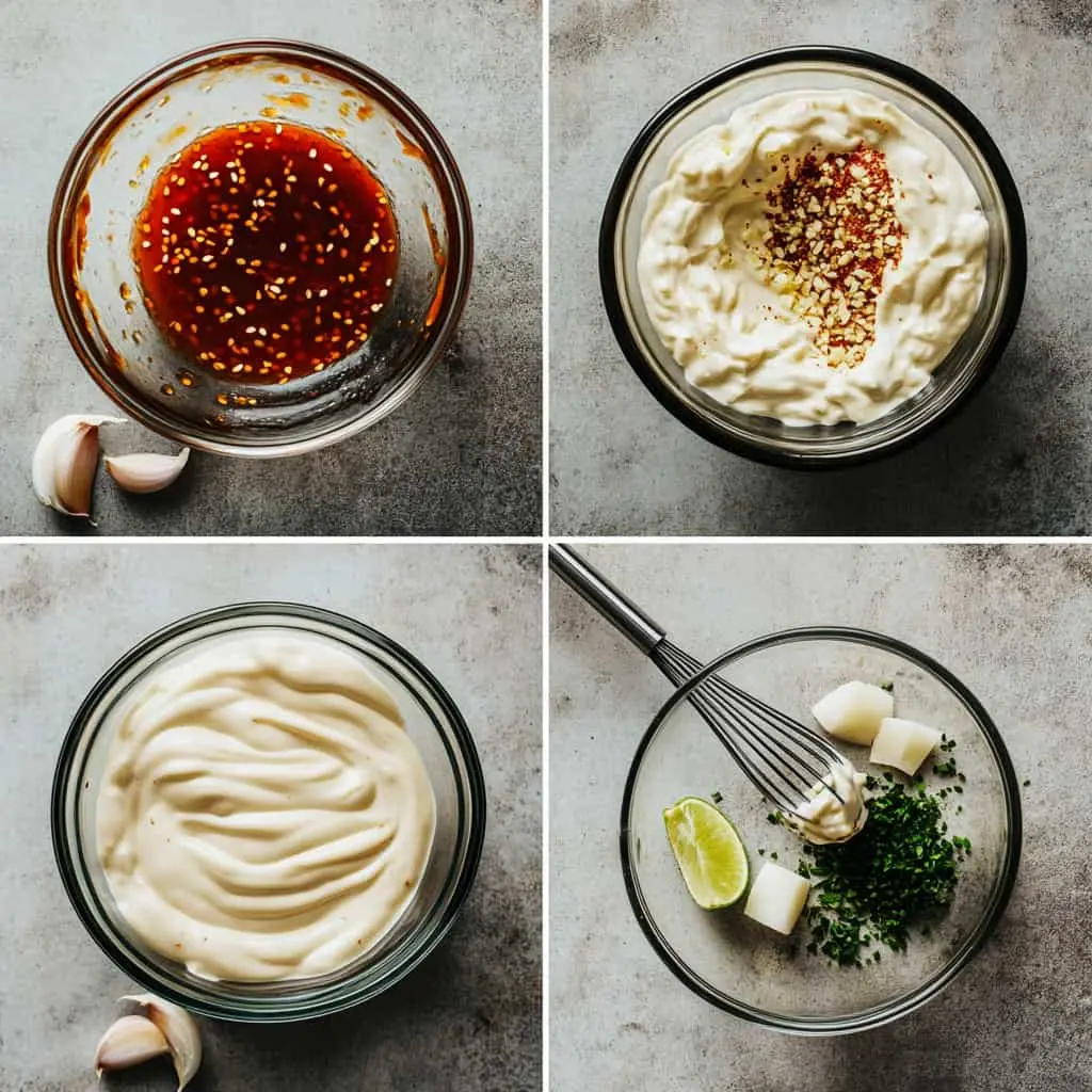 Step-by-step images showing the preparation of Bang Bang Sauce: mixing sweet chili sauce and garlic, adding spices to mayonnaise, whisking a creamy sauce, and incorporating fresh lime and green onions for a flavorful Bang Bang Sauce recipe.