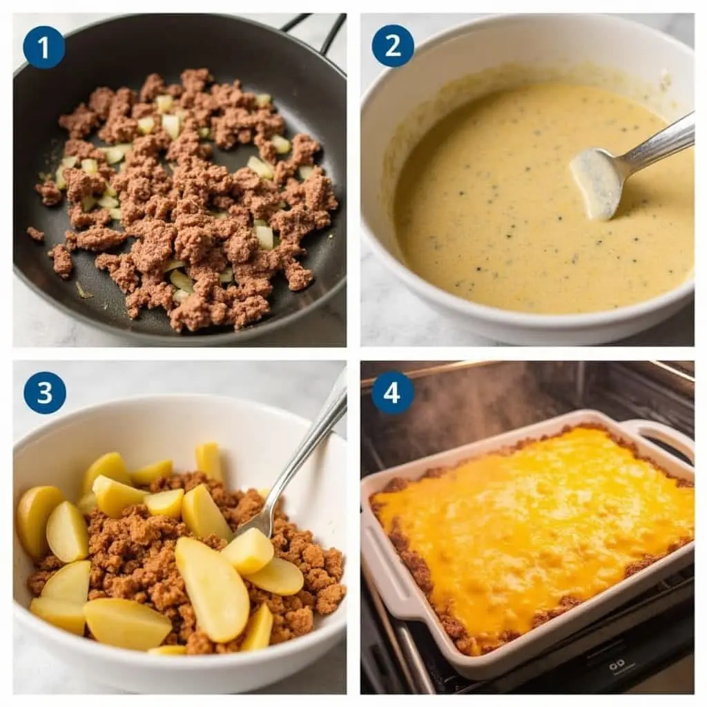 Step-by-step photos for making Cheesy Hamburger Potato Casserole: 1) Ground beef and onions cooking in a pan. 2) A bowl with a creamy mixture. 3) Potatoes and cooked beef combined in a bowl. 4) The casserole baking in the oven with melted cheese on top