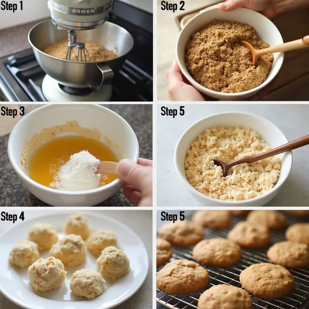 A step-by-step guide showing the process of making coconut cookies, with ingredients like butter, sugar, shredded coconut, and dough being mixed, shaped, and baked