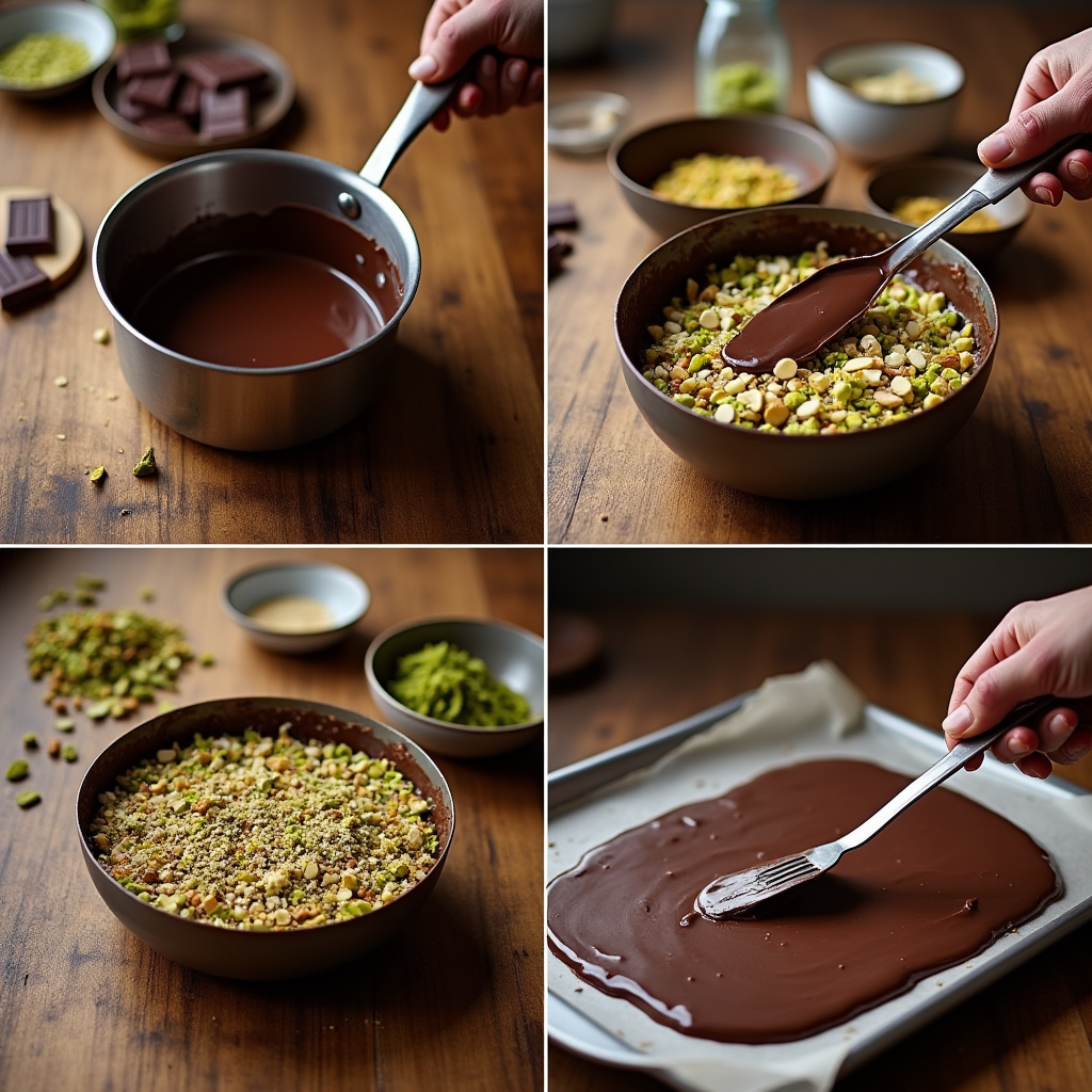 Step-by-step process of making Dubai Chocolate Recipe, showing melted chocolate, mixed nuts with condensed milk, and layered chocolate being spread on a tray in a well-lit kitchen.