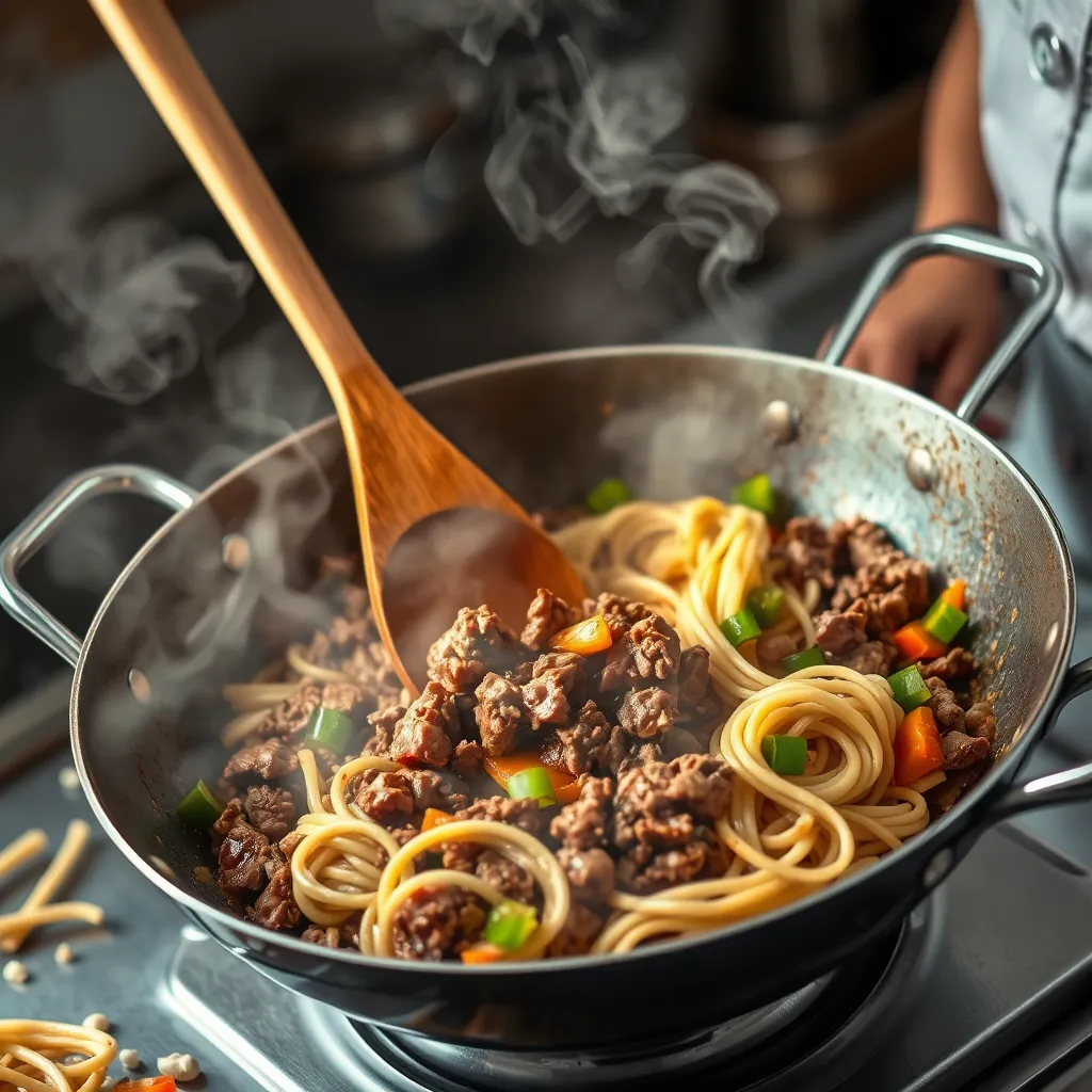 A chef cooking Ground Beef Noodle Recipe in a wok, with ground beef being browned, garlic and bell peppers sautéing, and steam rising from the pan, showcasing the cooking process.