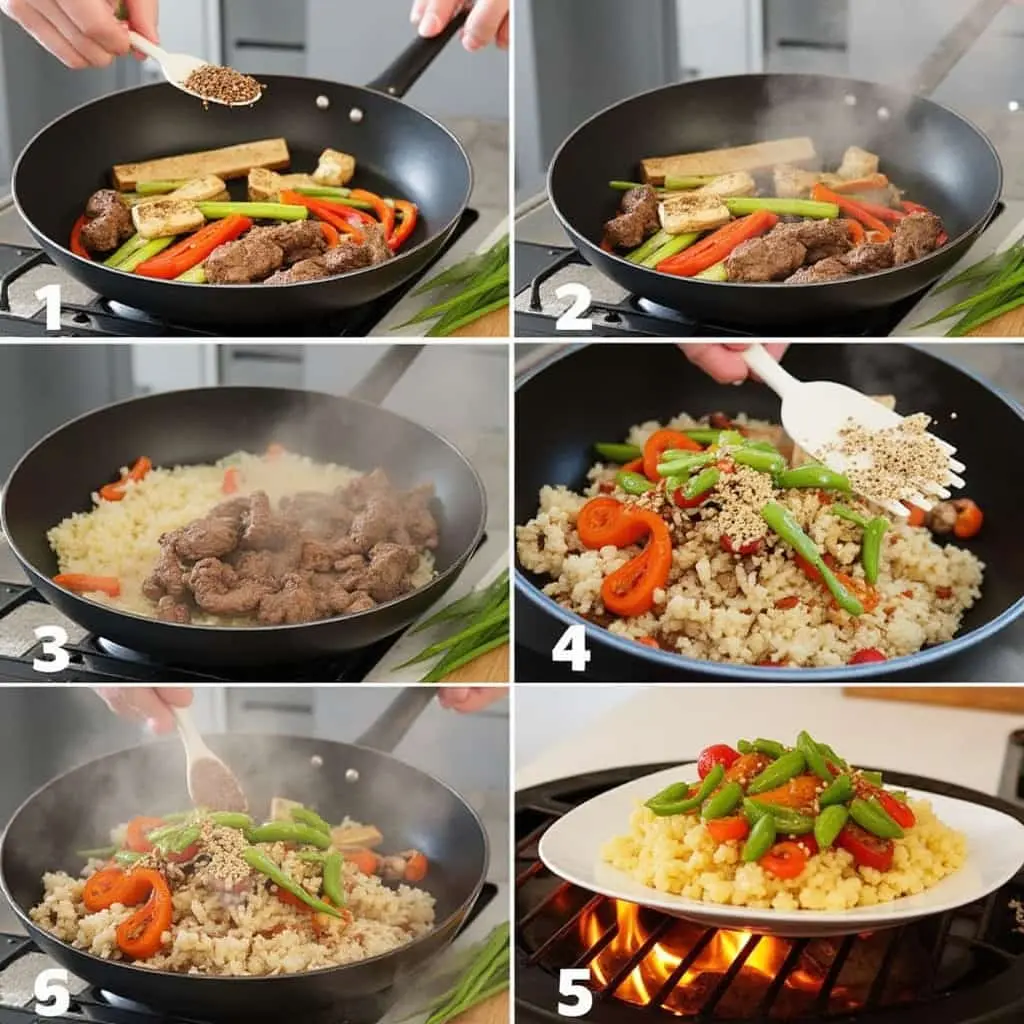 Step-by-step process of making a Pepper Lunch Recipe, showing beef, vegetables, and rice being cooked in a hot pan, seasoned with spices, and served sizzling on a plate.