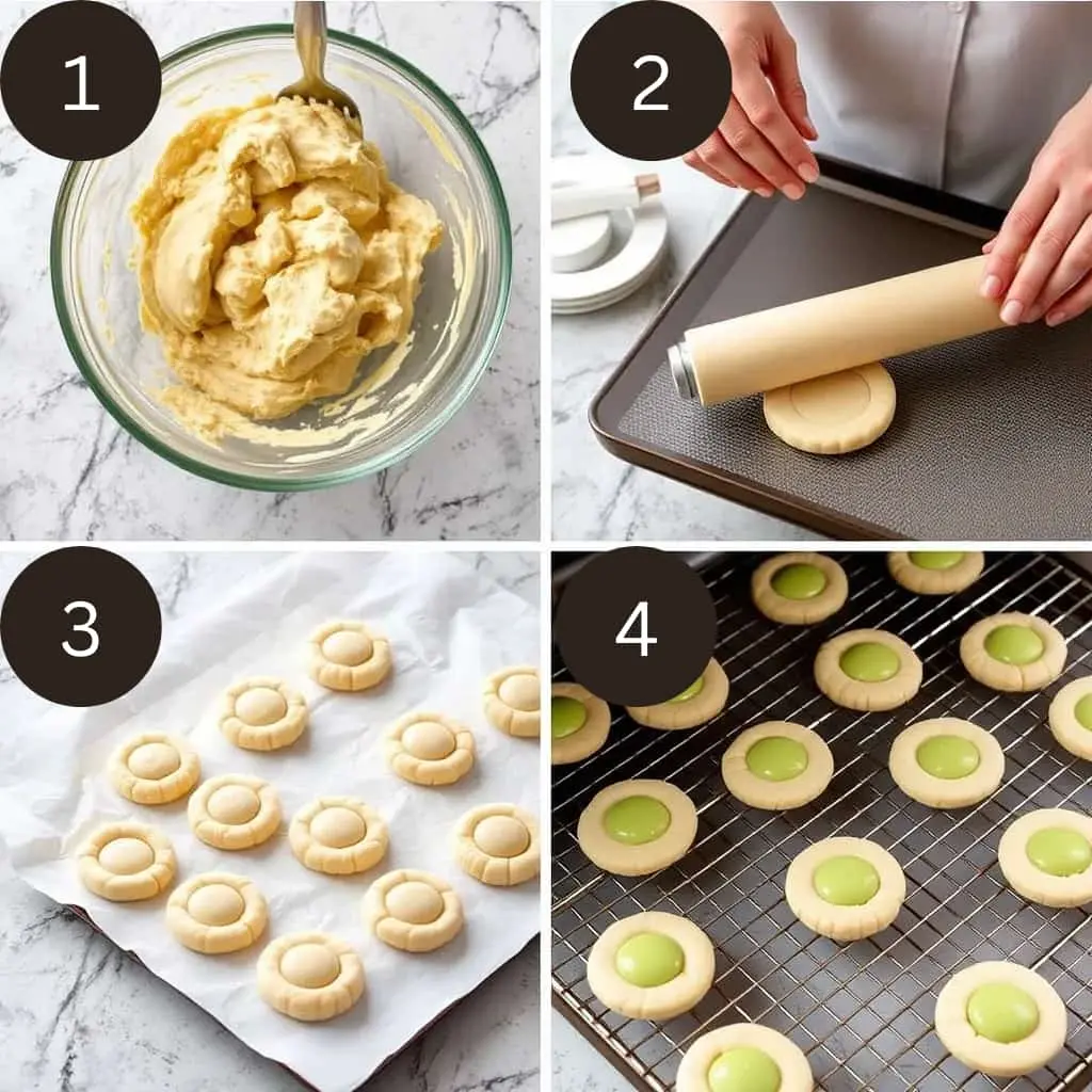 A series of images showing the process of making pistachio cream cookies: mixing the dough in a bowl, shaping the dough into round cookies, baking them in the oven, and adding pistachio cream filling to the cookies once cooled.