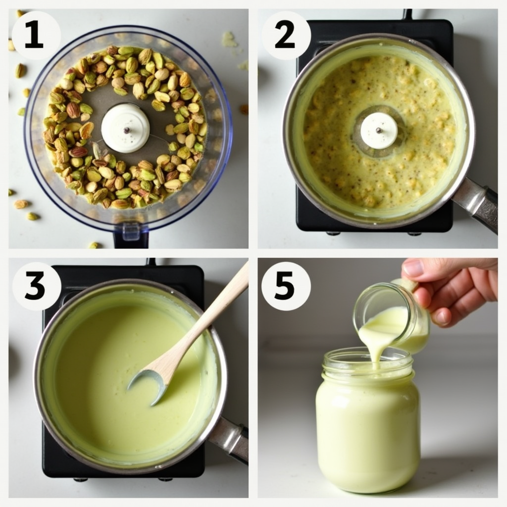 tep-by-step Pistachio Cream Recipe process: 1) Pistachios in a food processor, 2) Pistachios blended into a coarse paste, 3) Pistachio paste cooking in a saucepan, 4) Finished pistachio cream being poured into a jar