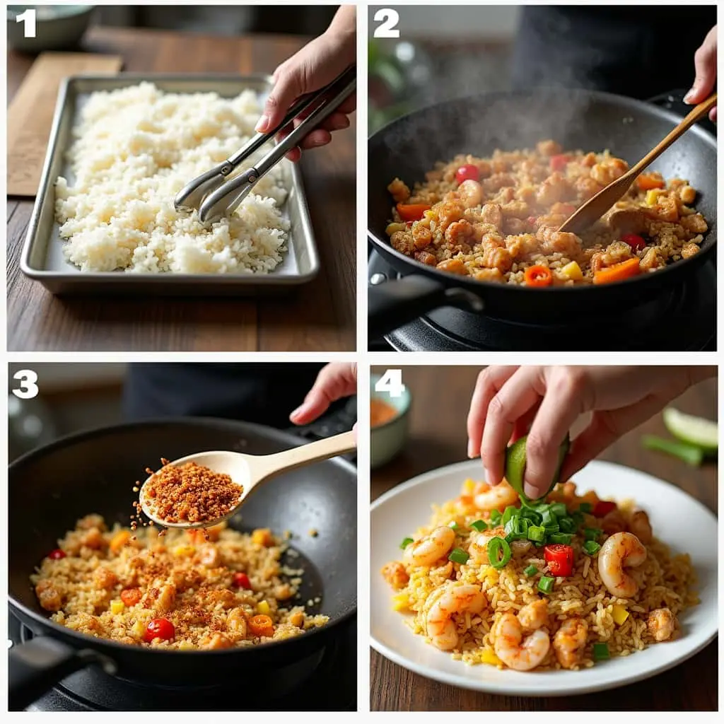 A step-by-step visual of making spicy fried rice: cooking diced chicken in a hot pan, sautéing garlic, scrambling eggs, adding cold rice, seasoning with soy sauce and chili flakes, and stir-frying everything together in a wok until perfectly crispy and golden