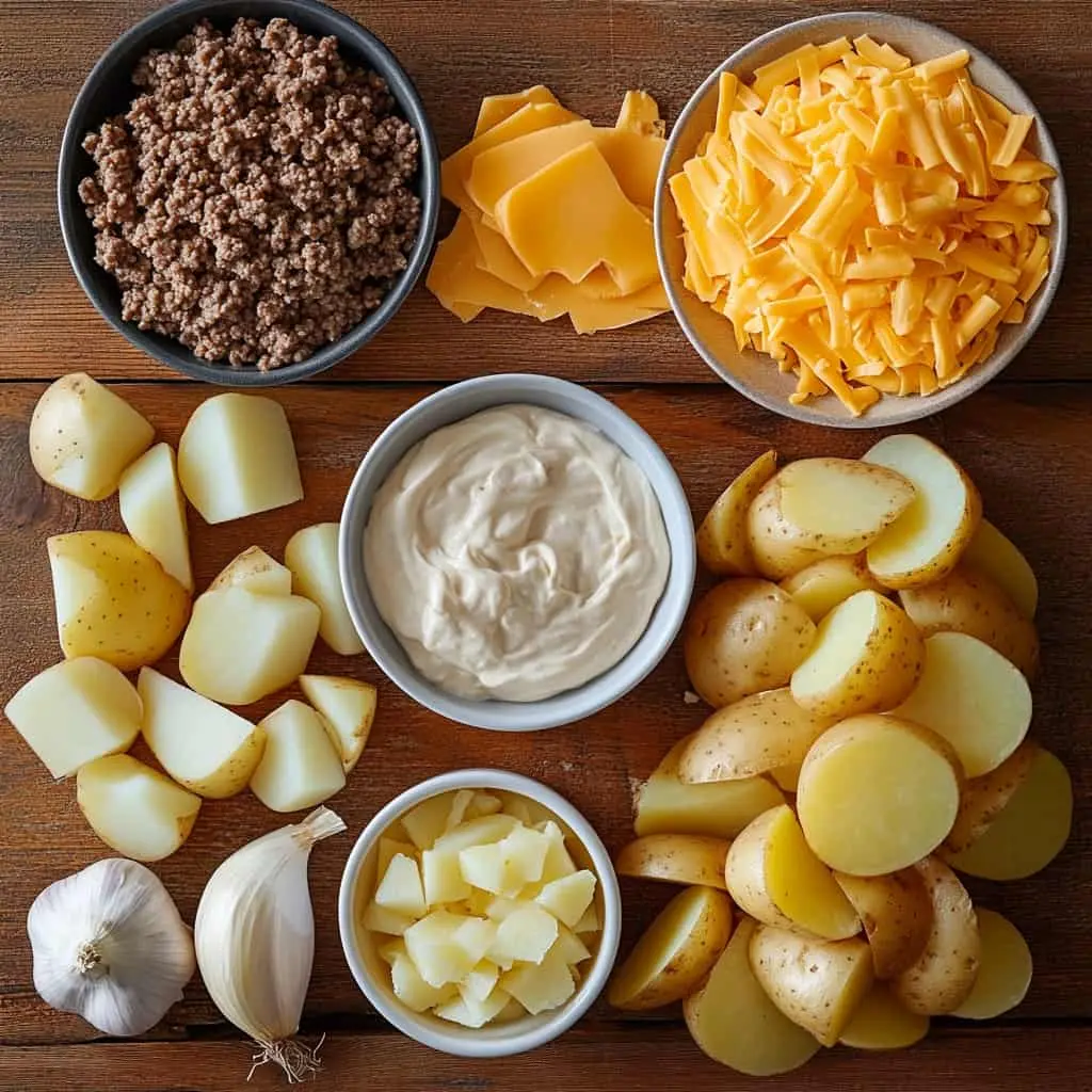 Ingredients for Cheesy Hamburger Potato Casserole: chopped potatoes, ground beef, sliced cheddar cheese, diced potatoes, garlic cloves, sour cream, and chunks of butter, all arranged in bowls on a wooden surface