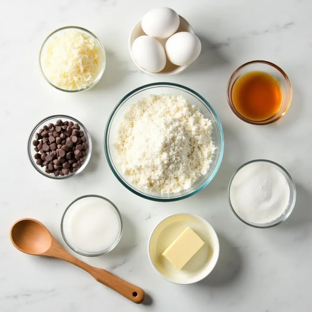 A flat lay of ingredients for a Coconut Cookies Recipe, including shredded coconut, chocolate chips, flour, eggs, sugar, and butter, arranged neatly on a clean countertop