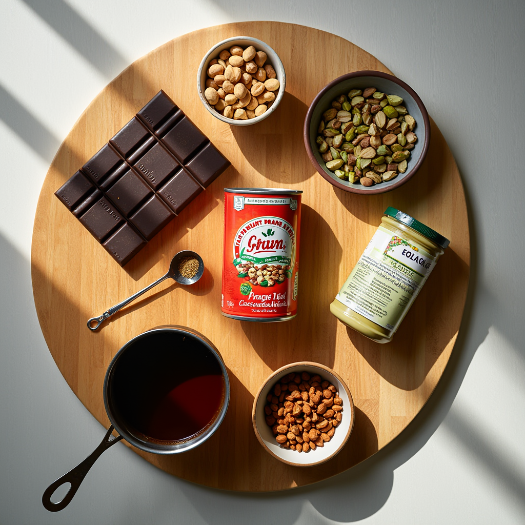 Ingredients for a Dubai Chocolate Recipe, including dark chocolate, nuts, condensed milk, and pistachio paste, arranged on a wooden board.