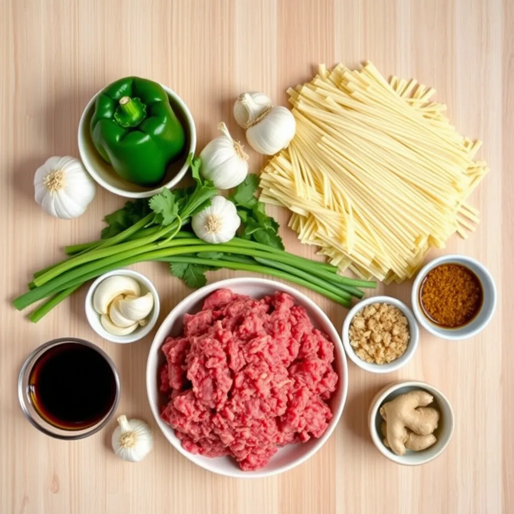 Ingredients for Ground Beef Noodle Recipe arranged neatly on a wooden table, including ground beef, egg noodles, sesame oil, garlic, bell peppers, green onions, soy sauce, brown sugar, and fresh ginger.