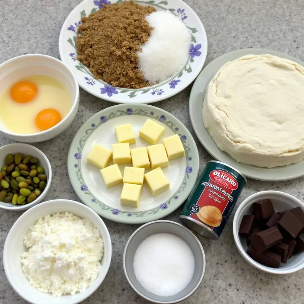 An organized flat lay of all the ingredients for pistachio cream cookies, including pistachios, butter, sugar, flour, eggs, vanilla extract, and pistachio cream filling, arranged neatly on a rustic wooden countertop.