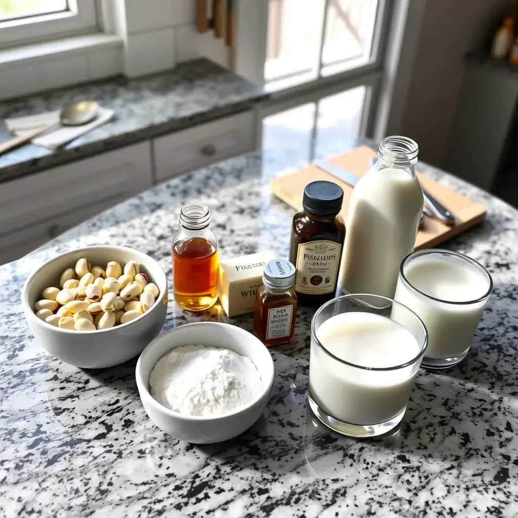 Ingredients for Pistachio Cream Recipe laid out on a granite countertop, including pistachios, milk, flour, honey, and vanilla extract, with a cozy kitchen setting in the background