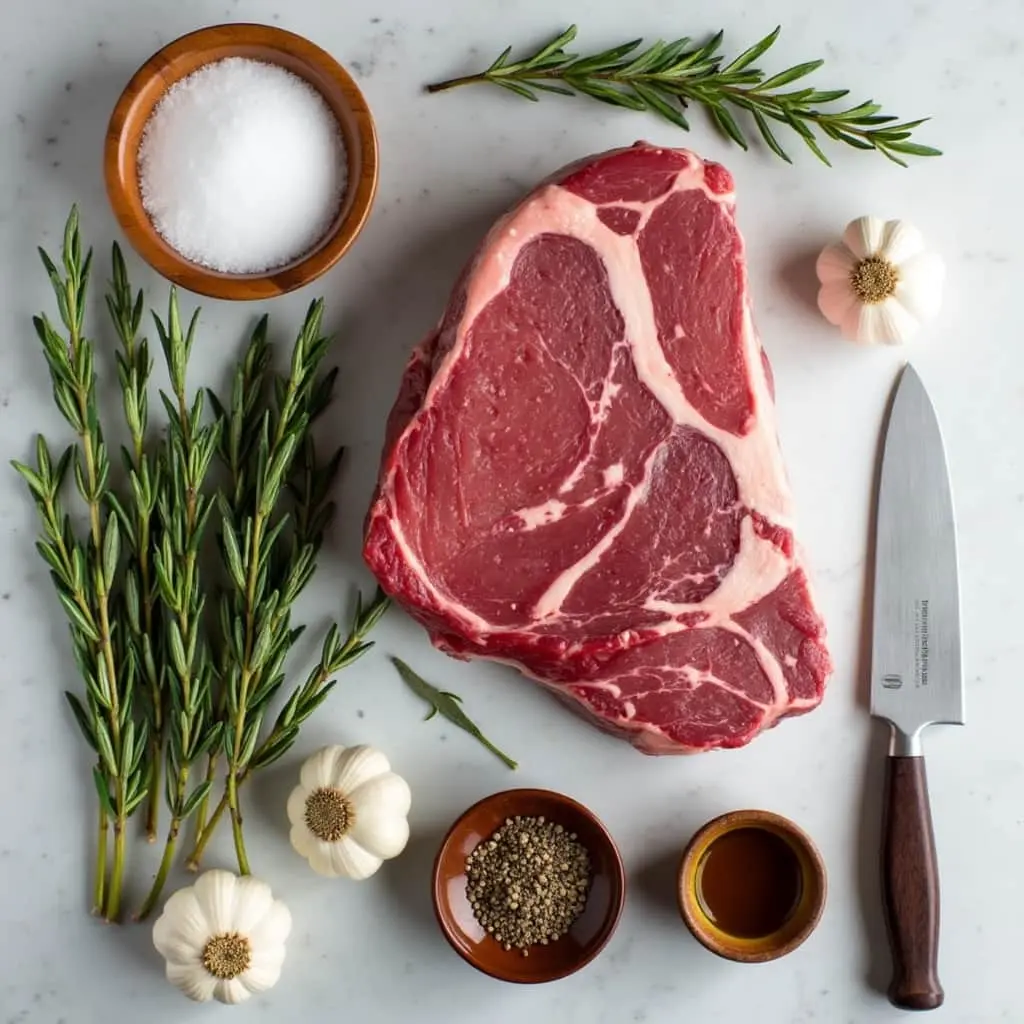 Ribeye roast recipe ingredients neatly arranged on a countertop, including a fresh ribeye steak, rosemary, garlic, salt, pepper, and olive oil, ready for seasoning.