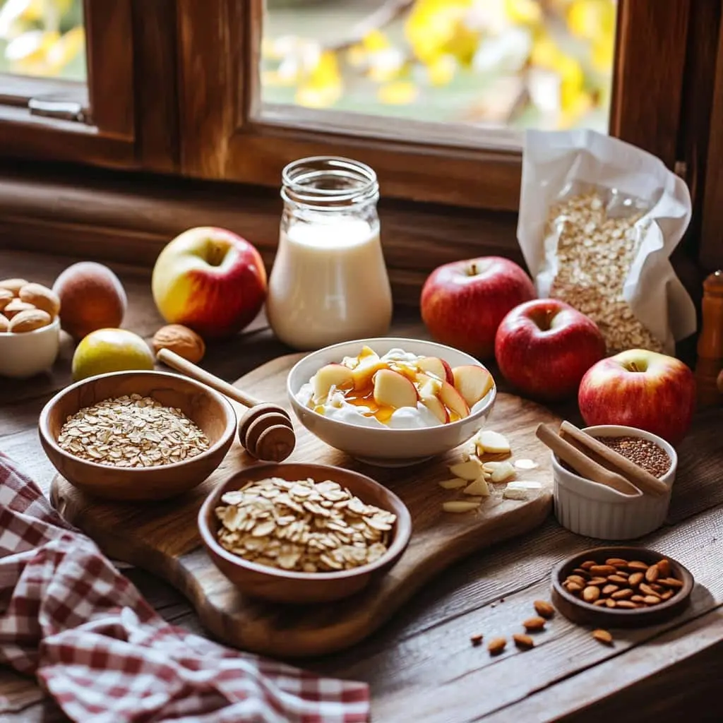 A variety of fresh ingredients for apple breakfast recipes, including crisp apples, cinnamon sticks, rolled oats, honey, Greek yogurt, nuts, whole wheat flour, oat milk, and butter, beautifully arranged on a wooden kitchen counter