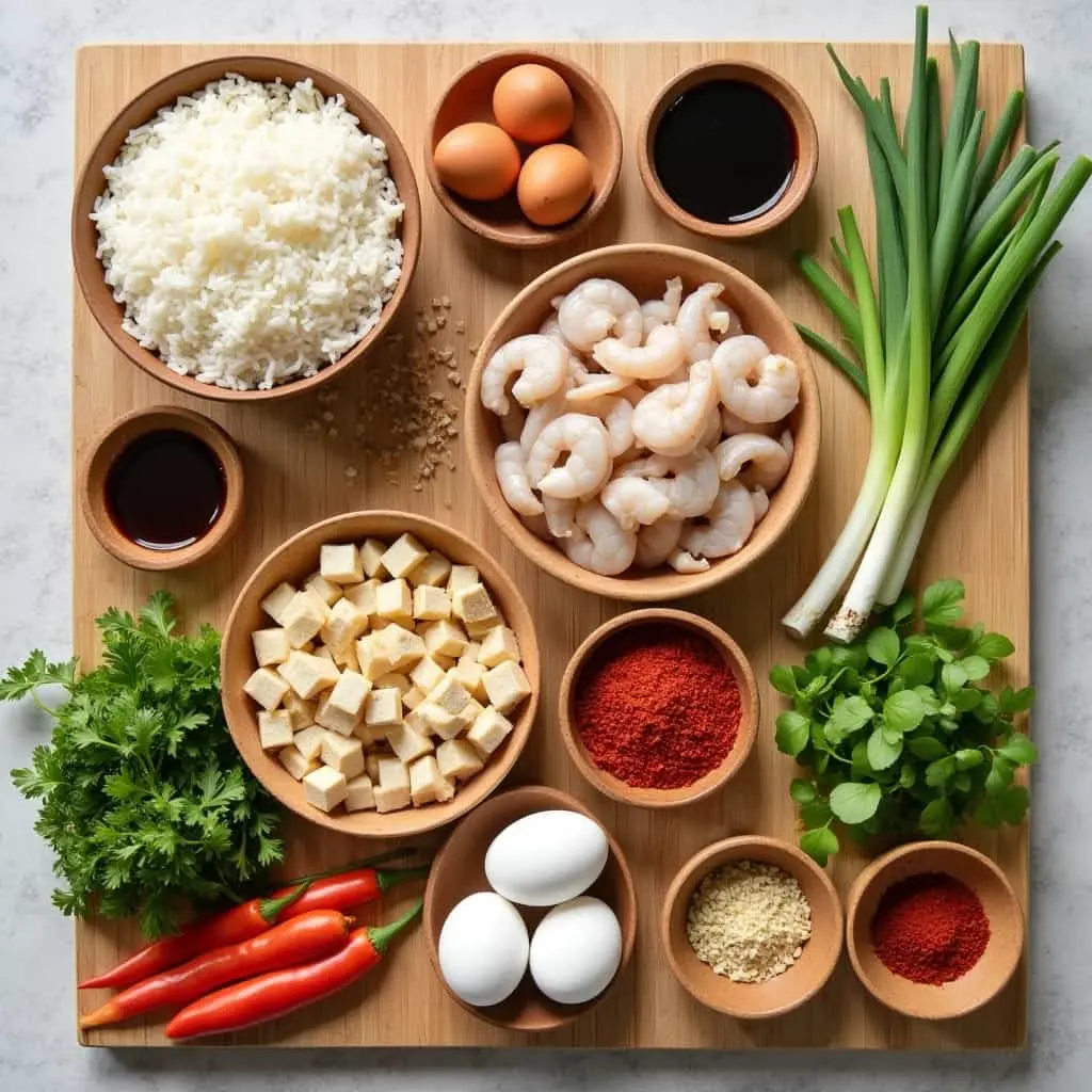 A top-down view of fresh ingredients for spicy fried rice neatly arranged on a modern kitchen countertop. Cooked jasmine rice, eggs, garlic cloves, soy sauce, chili flakes, green onions, and optional proteins like diced chicken and shrimp are displayed in small bowls, ready for cooking