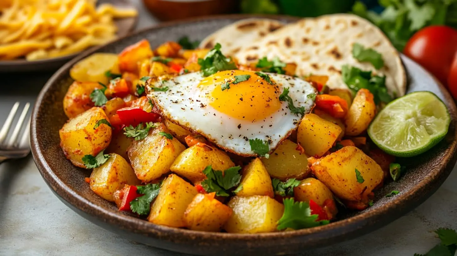 A delicious plate of Mexican Potatoes Breakfast with crispy potatoes, sautéed peppers, topped with a fried egg, fresh cilantro, and a side of lime