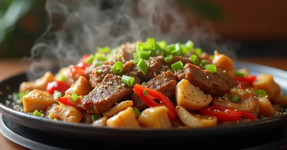 A sizzling plate of homemade Pepper Lunch featuring tender beef, sautéed vegetables, and garnished with green onions and sesame seeds.