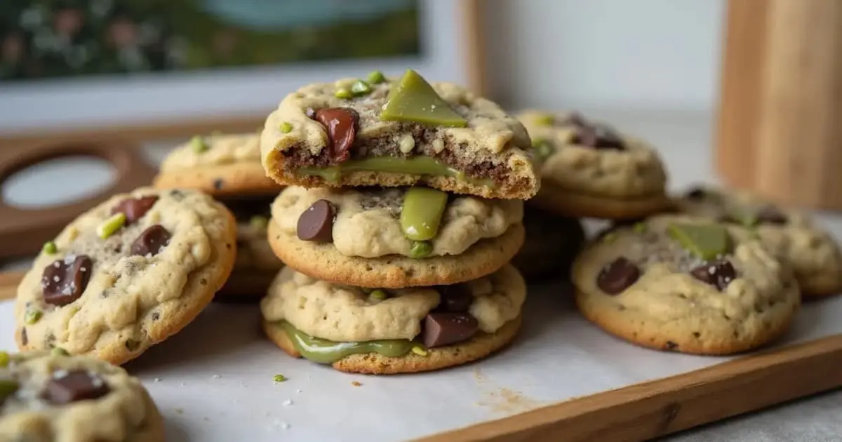 A tray of freshly baked pistachio cream cookies with visible pistachio cream filling and crushed pistachios on top, warm and golden brown