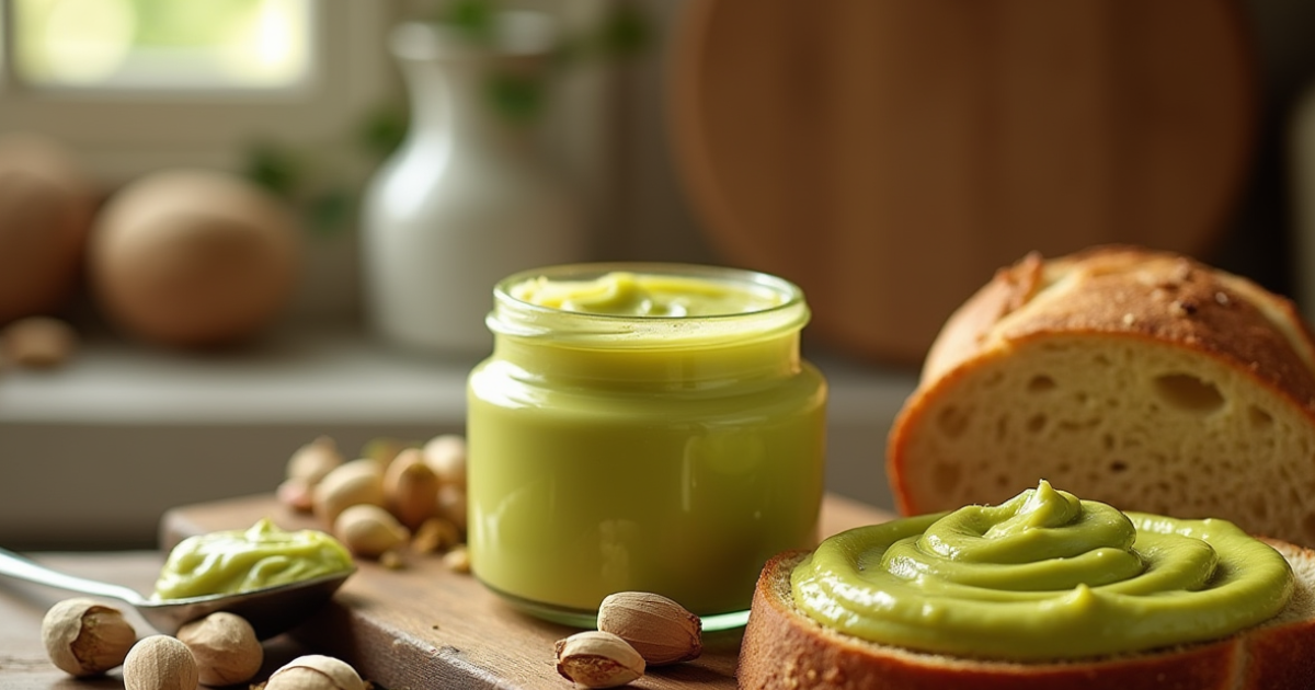 Pistachio Cream Recipe shown in a jar beside a slice of bread topped with the creamy pistachio spread