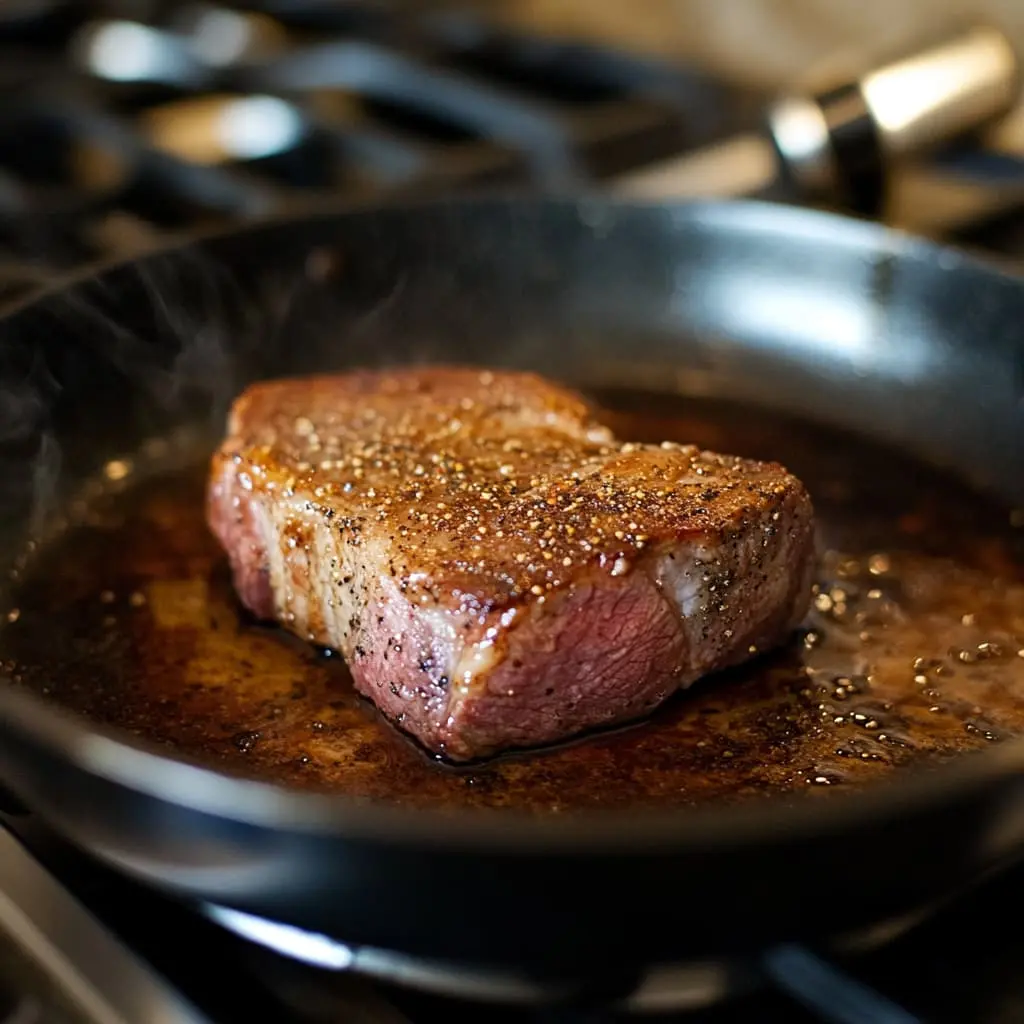 Seasoned ribeye steak sizzling in a hot pan, with black pepper and salt visible on the surface, as it sears and creates a golden-brown crust.