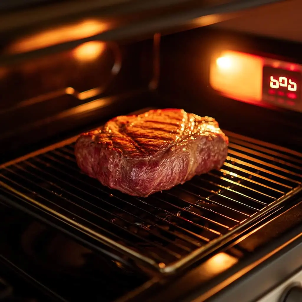 Ribeye roast cooking in the oven on a rack, with a golden-brown crust forming and the oven temperature display showing the cooking time