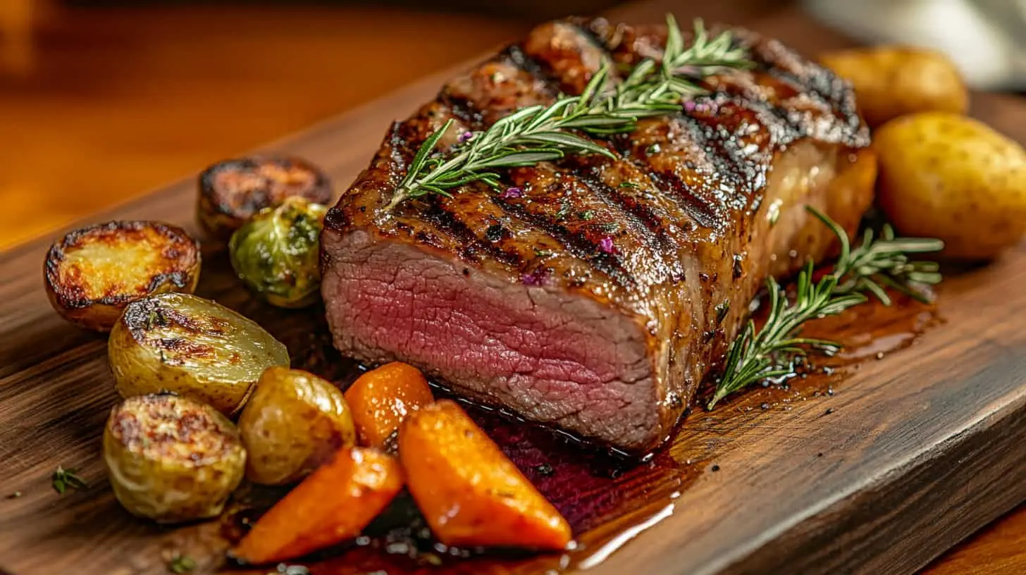 A perfectly cooked ribeye roast recipe with a golden-brown crust, tender pink interior, and garnished with rosemary, accompanied by roasted potatoes and carrots.