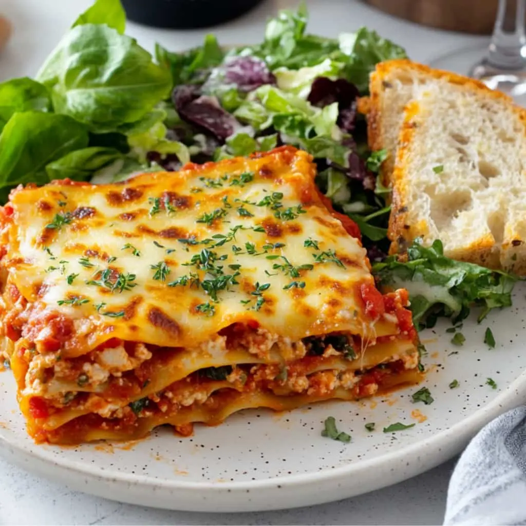 Barilla lasagna recipe served with garlic bread and salad on a clean modern countertop