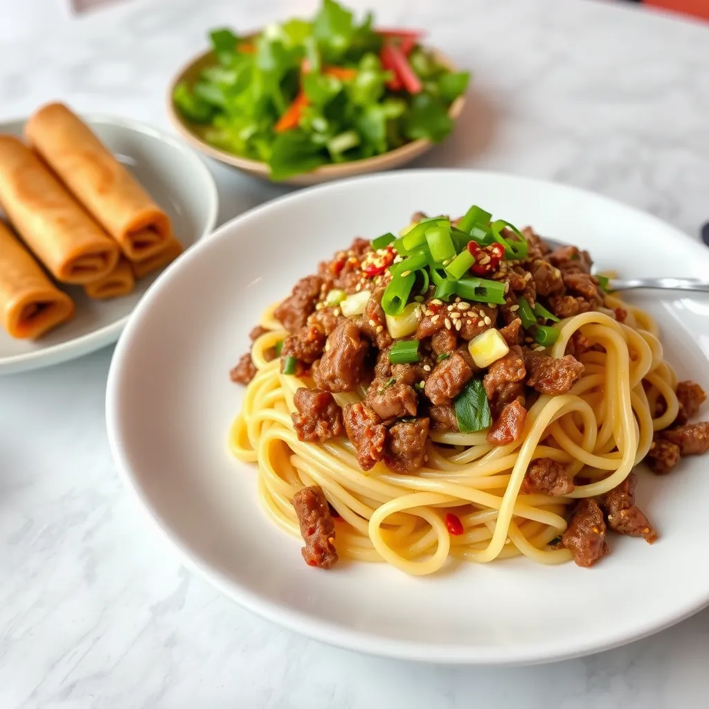 A beautifully plated Ground Beef Noodle Recipe garnished with green onions, sesame seeds, and chili flakes, served with crispy spring rolls and a side green salad, set on a dining table.