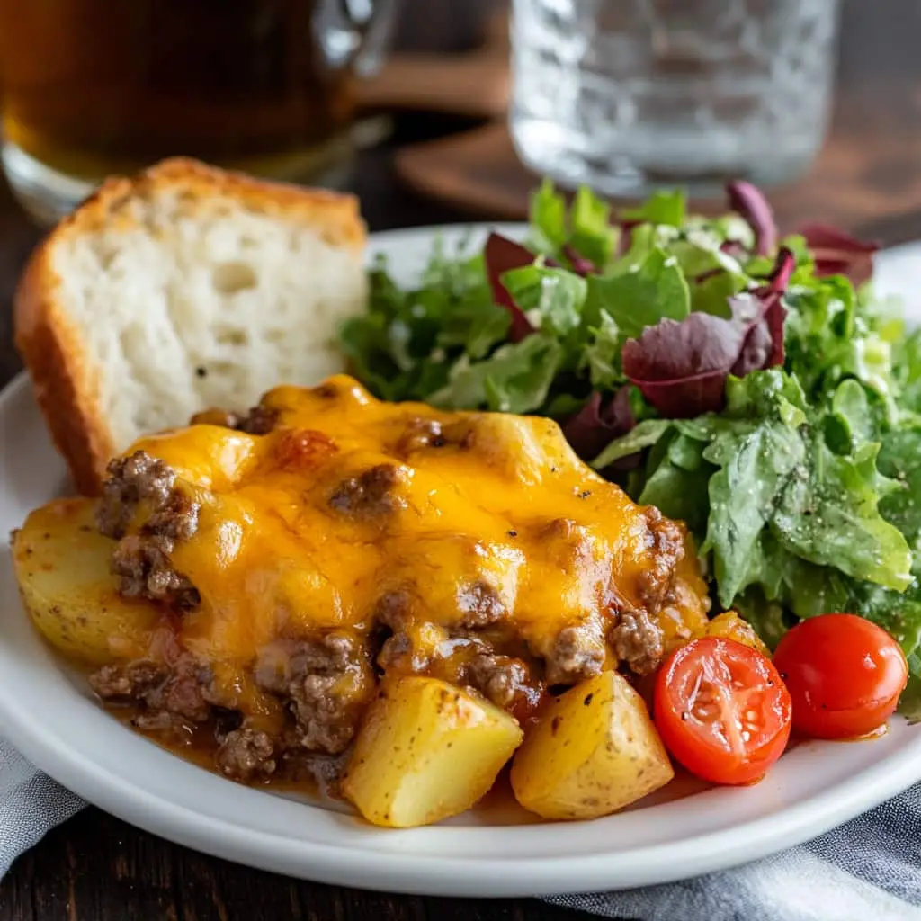 Serving of Cheesy Hamburger Potato Casserole on a plate with melted cheddar cheese, ground beef, and potatoes. The plate is accompanied by a side of fresh salad with cherry tomatoes and a slice of bread.