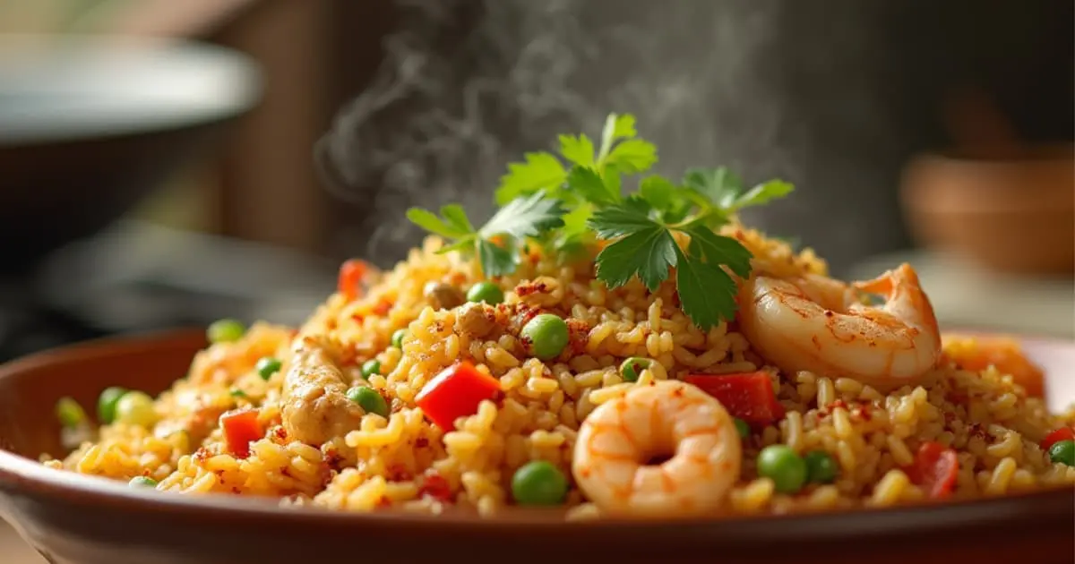 Steaming bowl of spicy fried rice with shrimp and chicken, garnished with cilantro, green onions, and chili flakes