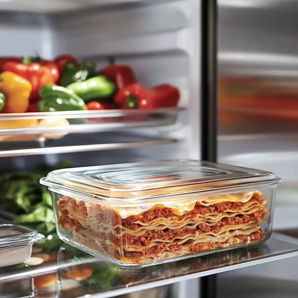 Barilla lasagna recipe stored in a glass container, ready for refrigeration