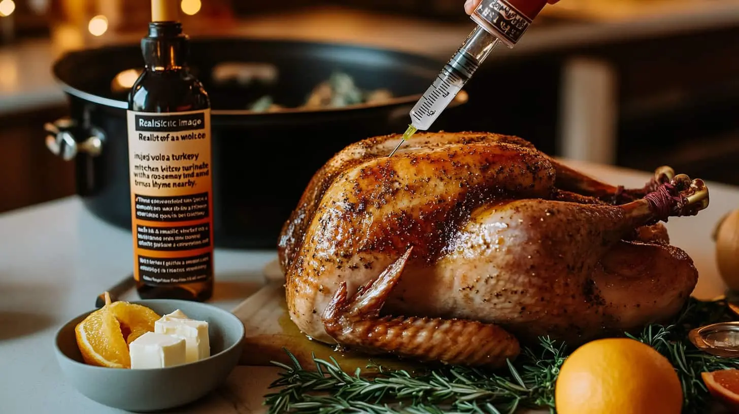 A whole turkey being injected with a flavorful marinade as part of a Turkey Injection Recipe, with fresh herbs, citrus, and butter in a cozy kitchen setting.