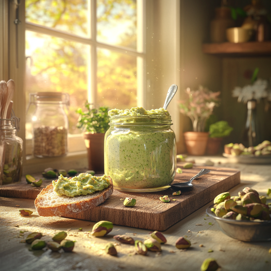 Pistachio Cream Recipe shown in a jar on a wooden countertop with a slice of bread topped with the creamy pistachio spread, surrounded by shelled pistachios and sunlight streaming through the window