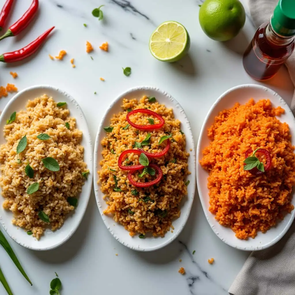 Three plates of spicy fried rice variations displayed on a sleek marble countertop: Thai spicy fried rice with basil and lime, Chinese-style fried rice with dark soy sauce, and fiery red Korean Buldak spicy fried rice. Garnishes of chili peppers and a soy sauce bottle enhance the vibrant presentation